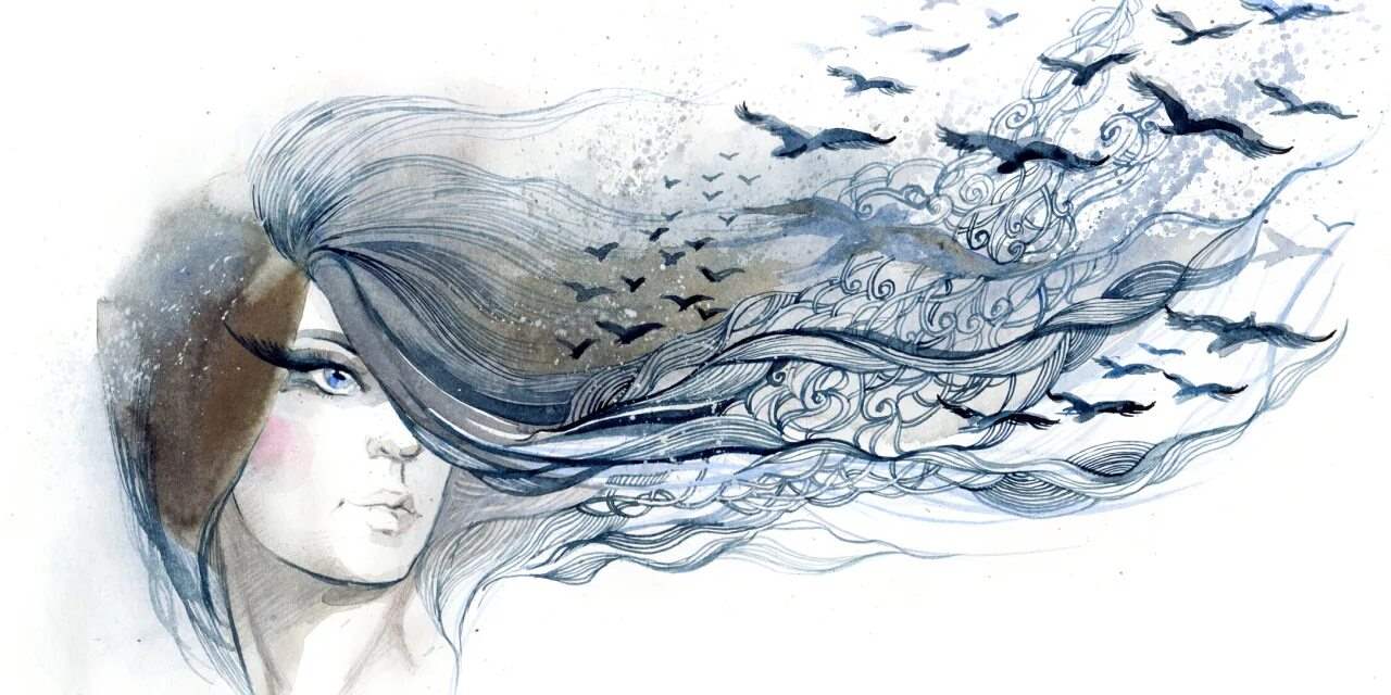 Женщина в воде с развевающимися волосами 9