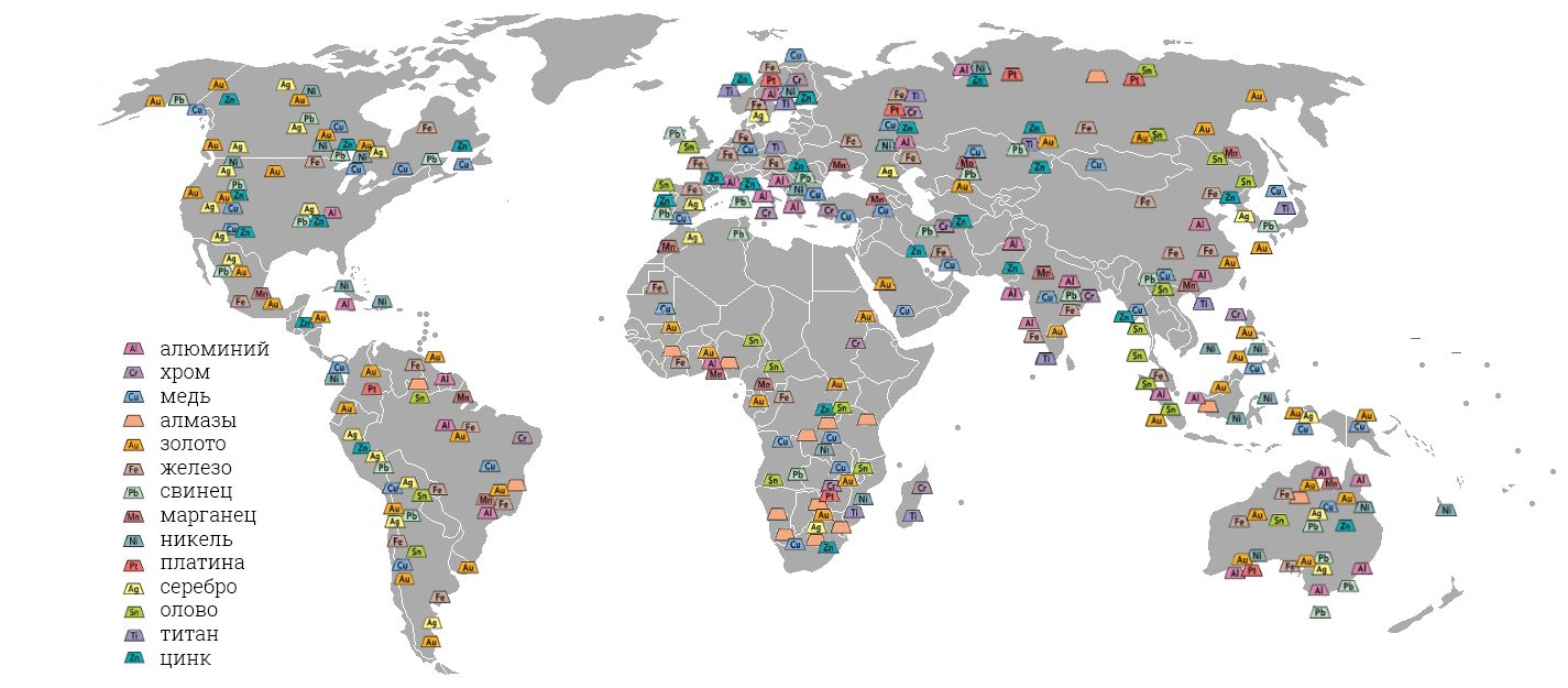 Карта мира полезных ископаемых на русском языке