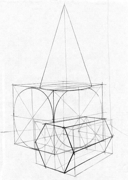 Линейно конструктивный рисунок композиции из геометрических тел