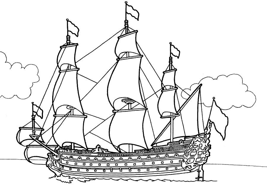 Черно белый рисунок корабль 001