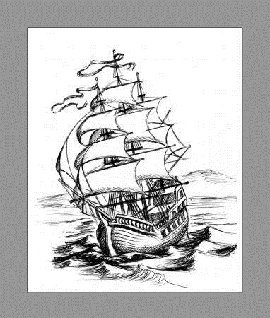 Черно белый рисунок корабль 003