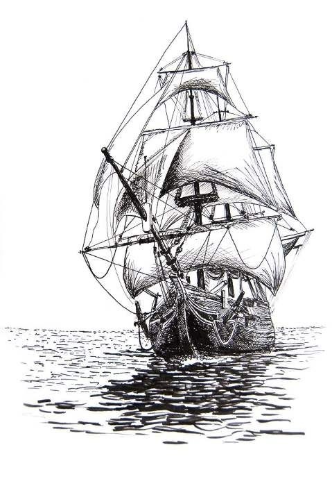 Черно белый рисунок корабль 011