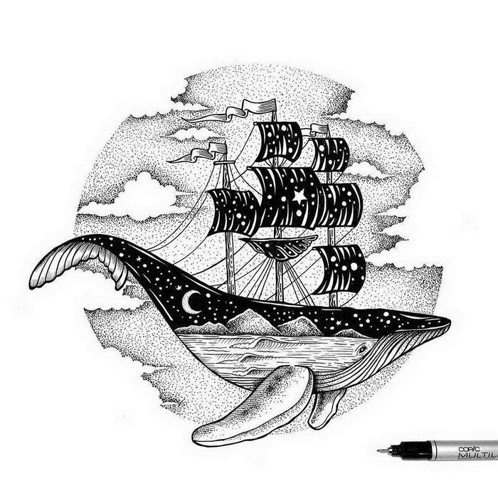 Черно белый рисунок корабль 016