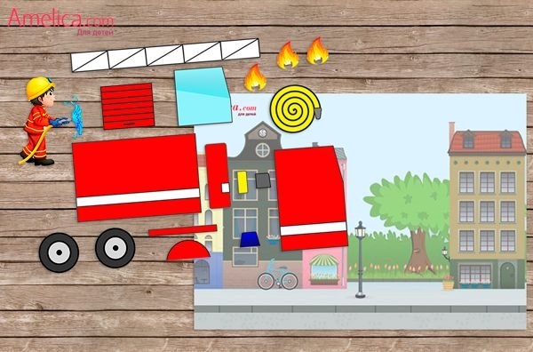 Шаблон пожарной машины из бумаги для аппликации 022