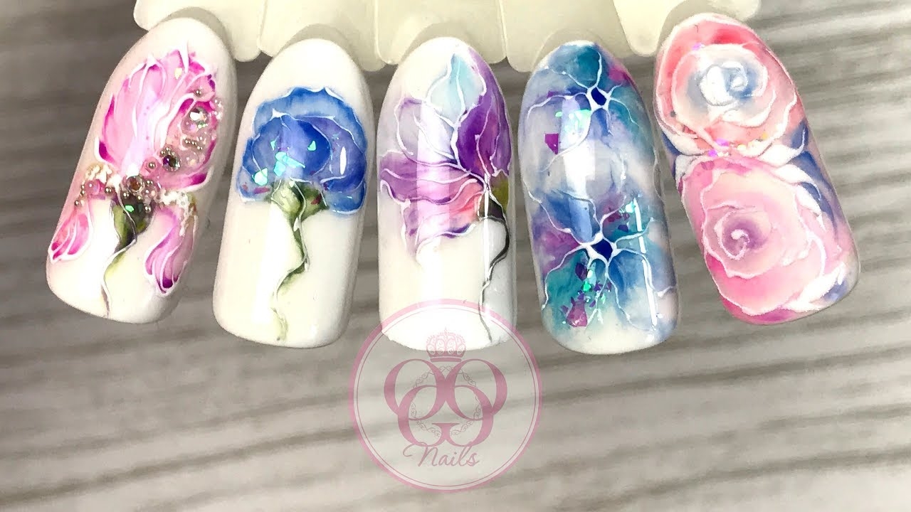 Дизайн ногтей цветы акварель002