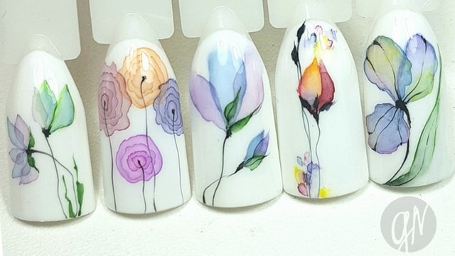Дизайн ногтей цветы акварель007