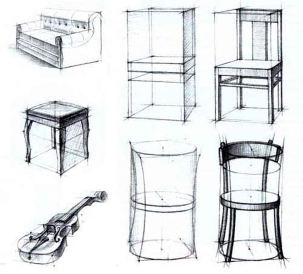 Предмет интерьера рисунок. Конструктивное построение предметов. Наброски мебели. Перспективные зарисовки предметов. Конструктивное построение бытовых предметов.