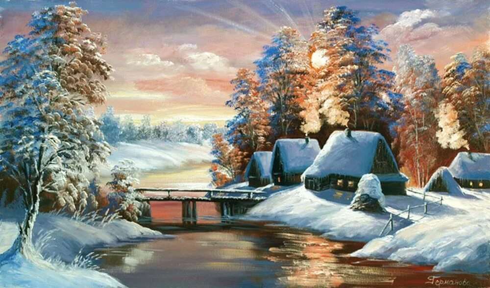 Красивые зимние пейзажи картины маслом 9