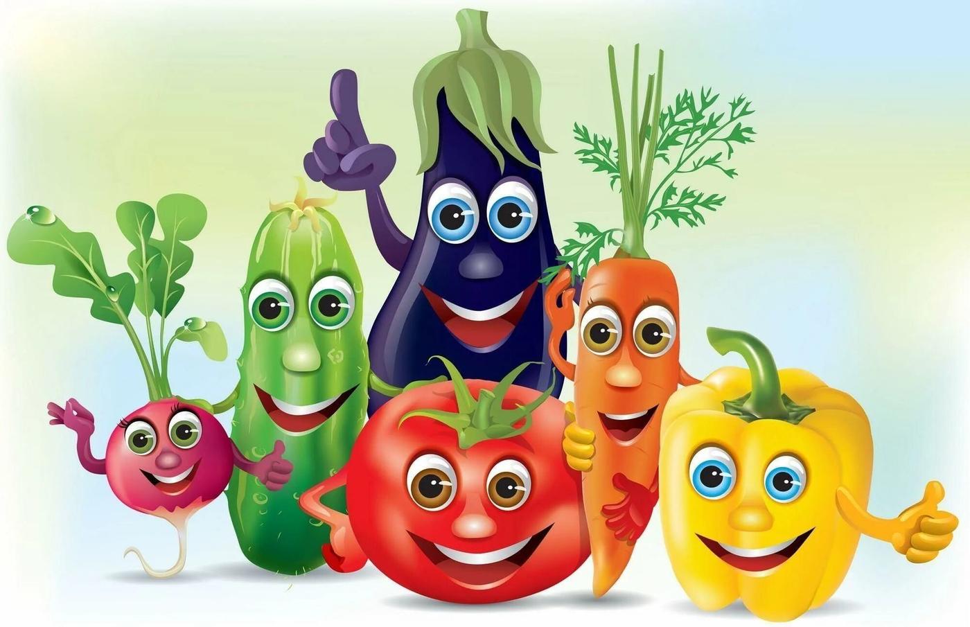 Три мультяшных овоща с лицами и глазами 9